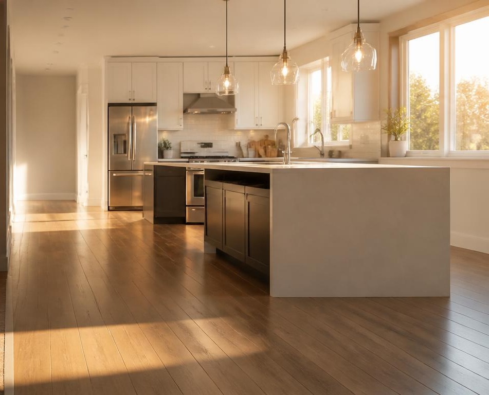 Panoramic remodeling job site at golden hour with a rolling tool cart in shadow on one side and a finished white kitchen with quartz island in warm sunlight on the other