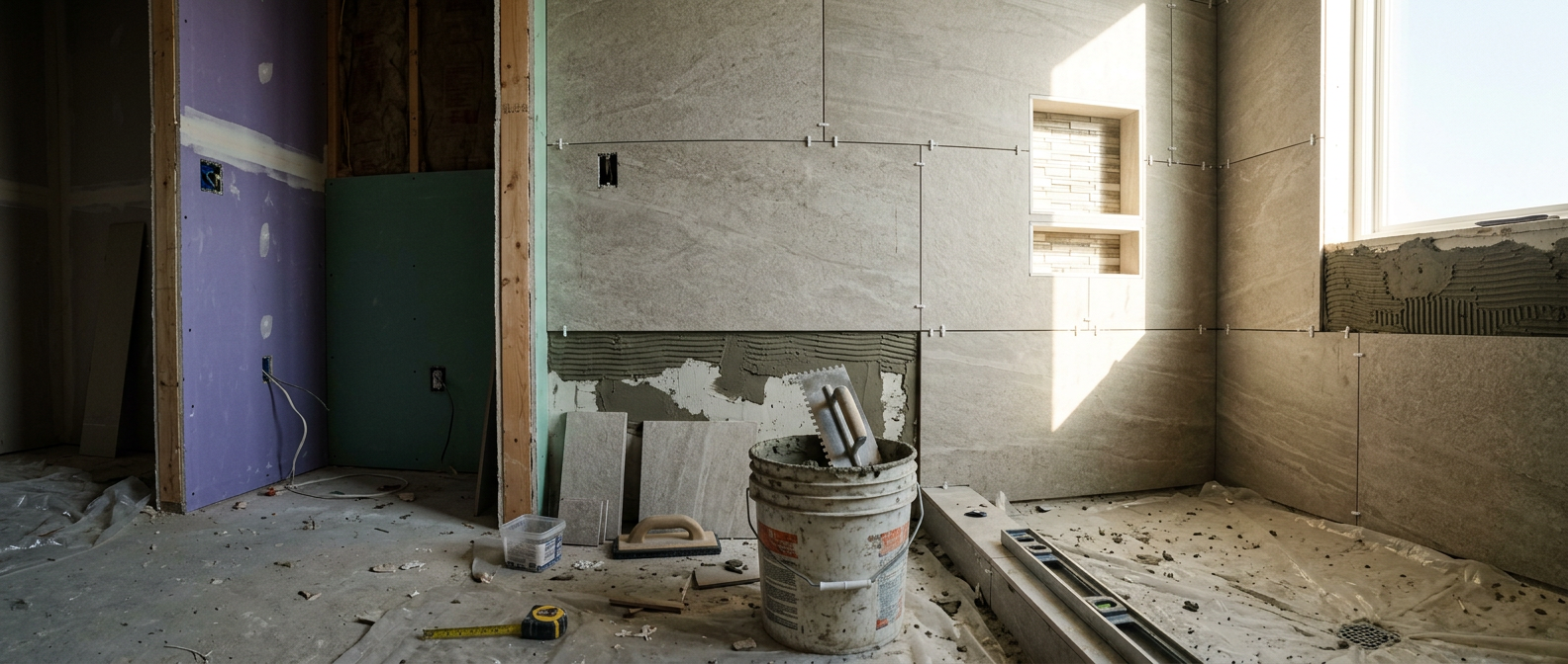 Panoramic bathroom remodel in progress with a freshly tiled shower niche and a notched trowel resting on porcelain tile