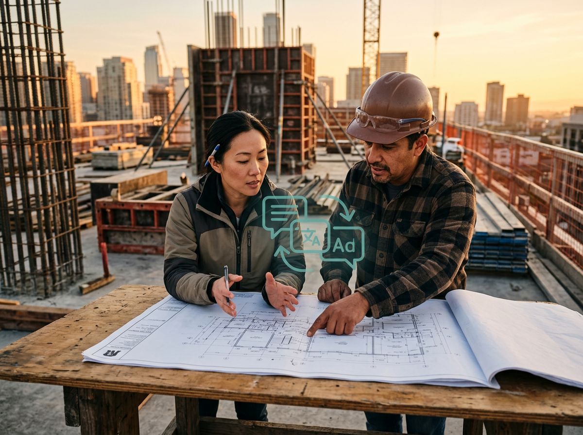Two construction engineers reviewing a blueprint together at golden hour with teal translation icons over the conversation