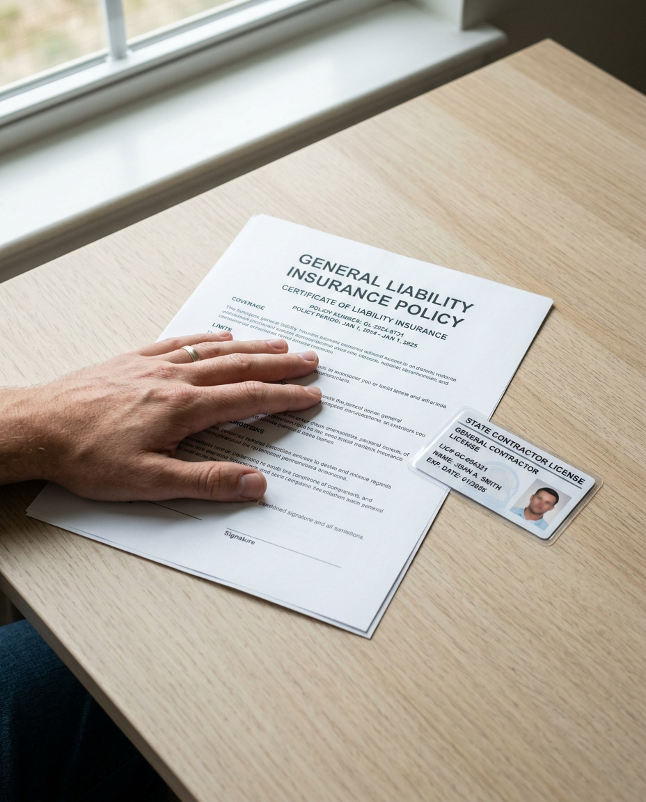 Contractor license badge with embossed teal verified shield beside a general liability insurance policy on a dark marble desk
